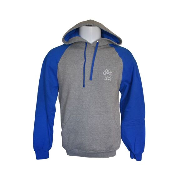 PAWS Raglan Hoodie Big Logo Gray Blue Dog Rescue Paw Print Unisex Large - Picture 2 of 5